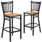 2 Pk. Black Vertical Back Metal Restaurant Barstool - Natural Wood Seat