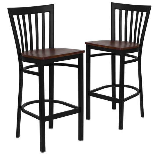 2 Pk. Black School House Back Metal Restaurant Barstool - Cherry Wood Seat