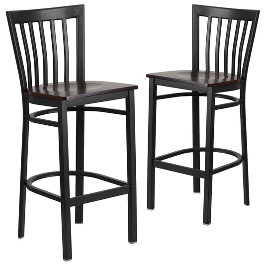 2 Pk. Black School House Back Metal Restaurant Barstool - Walnut Wood Seat