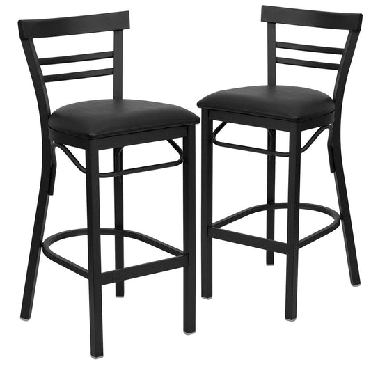 2 Pk. Black Ladder Back Metal Restaurant Barstool - Black Vinyl Seat