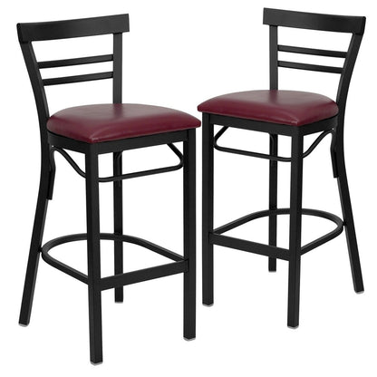 2 Pk. Black Ladder Back Metal Restaurant Barstool - Burgundy Vinyl Seat