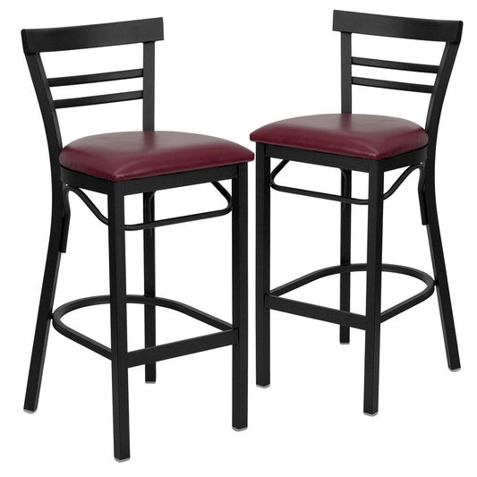 2 Pk. Black Ladder Back Metal Restaurant Barstool - Burgundy Vinyl Seat