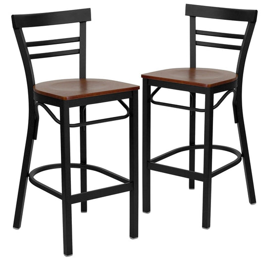 2 Pk. Black Ladder Back Metal Restaurant Barstool - Cherry Wood Seat