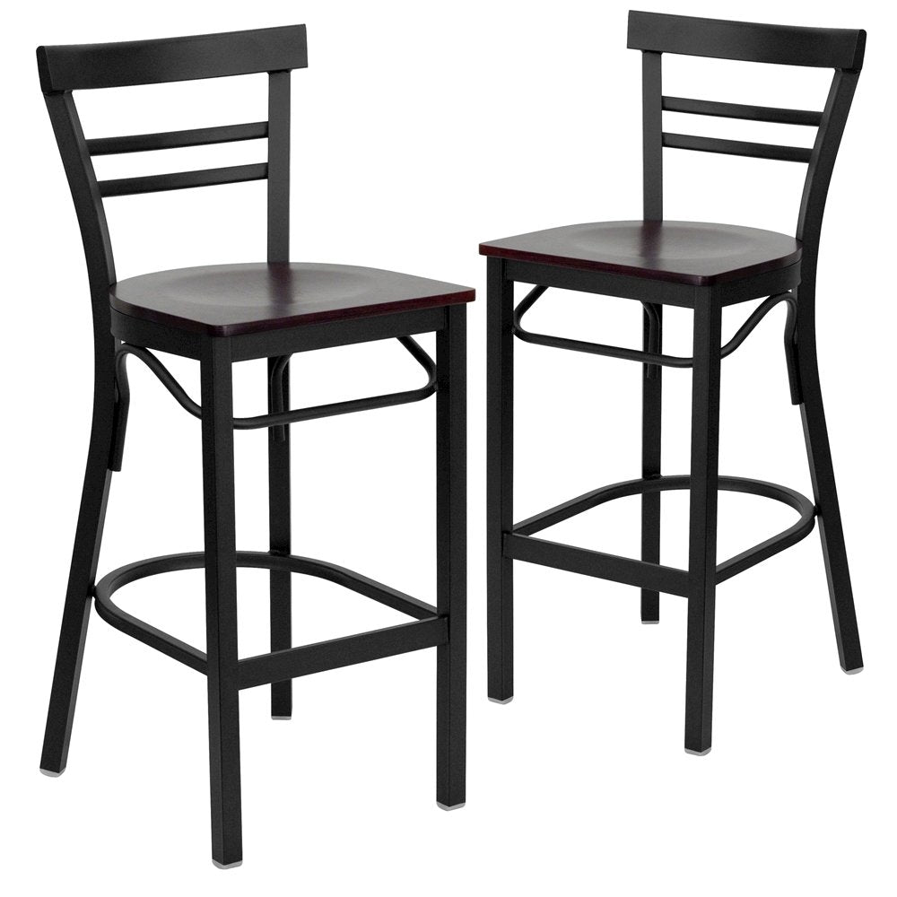 2 Pk. Black Ladder Back Metal Restaurant Barstool - Mahogany Wood Seat