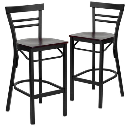 2 Pk. Black Ladder Back Metal Restaurant Barstool - Mahogany Wood Seat