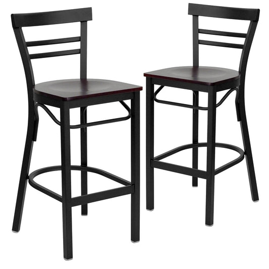 2 Pk. Black Ladder Back Metal Restaurant Barstool - Mahogany Wood Seat
