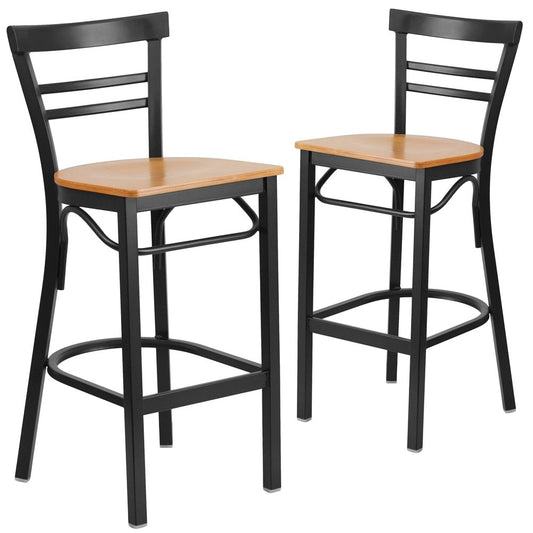2 Pk. Black Ladder Back Metal Restaurant Barstool - Natural Wood Seat