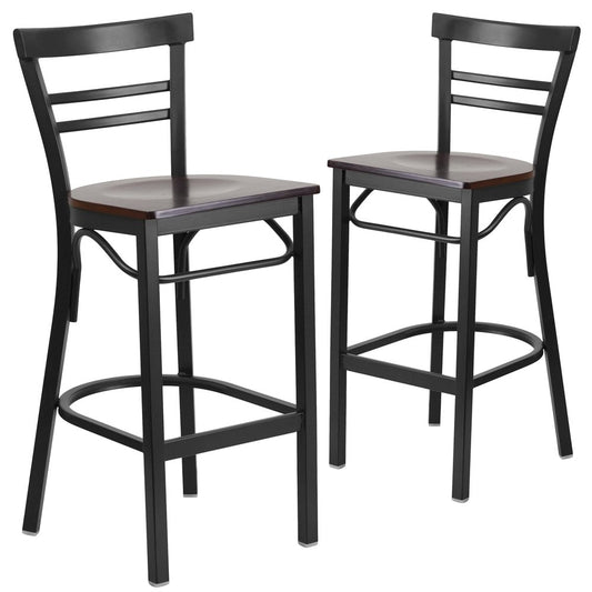 2 Pk. Black Ladder Back Metal Restaurant Barstool - Walnut Wood Seat