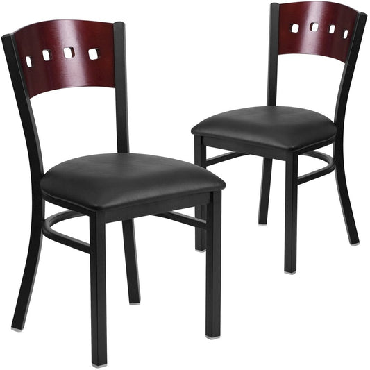 2 Pk. 4 Square Back Metal Chair - Mahogany Wood Back, Black Vinyl Seat