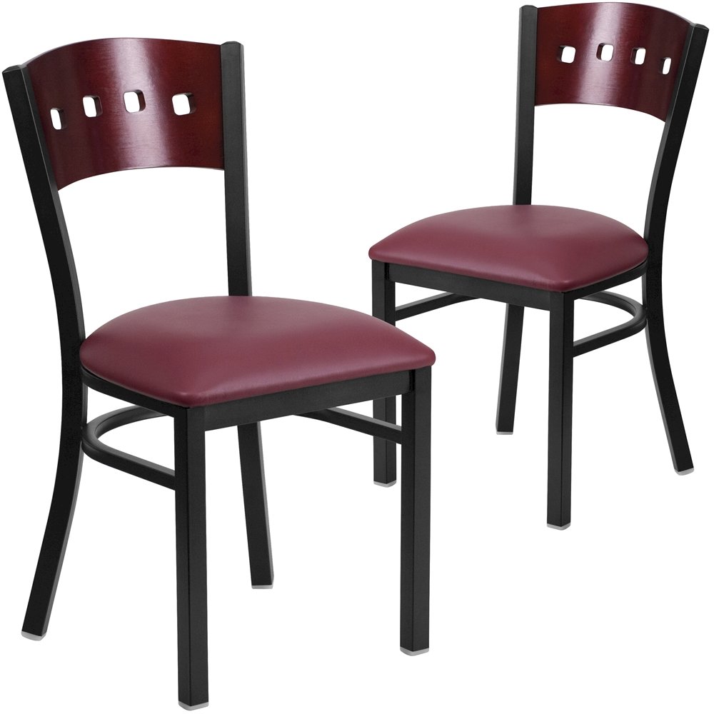 2 Pk. 4 Square Back Metal Chair - Mahogany Wood Back, Burgundy Vinyl Seat