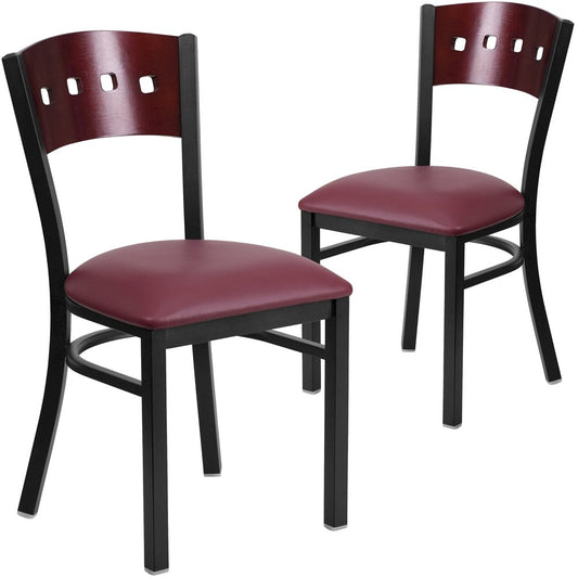 2 Pk. 4 Square Back Metal Chair - Mahogany Wood Back, Burgundy Vinyl Seat