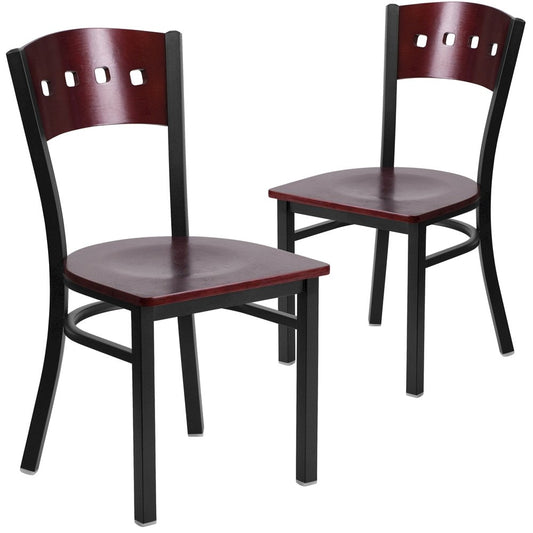 2 Pk. 4 Square Back Metal Chair - Mahogany Wood Back & Seat