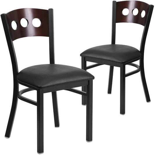 2 Pk. 3 Circle Back Metal Chair - Walnut Wood Back, Black Vinyl Seat