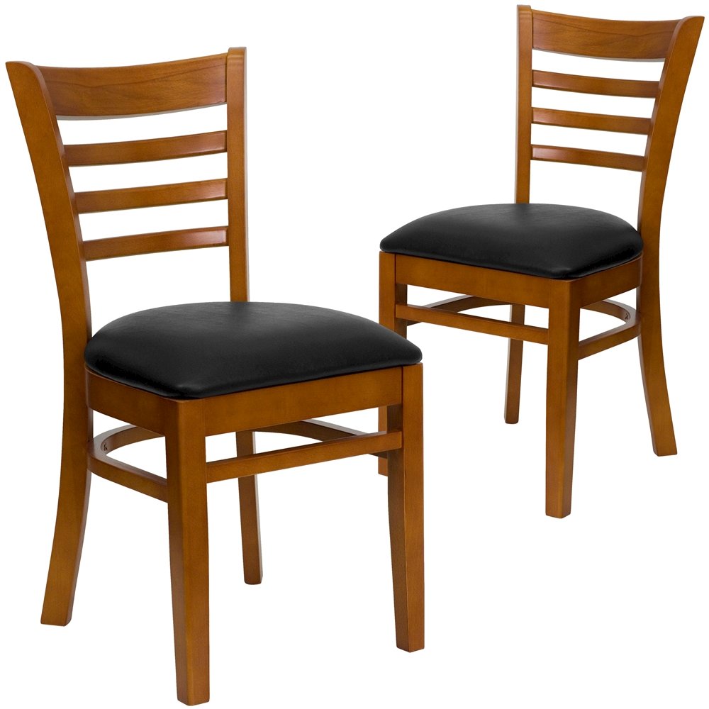2 Pk. Cherry Finished Ladder Back Wooden Restaurant Chair - Black Vinyl Seat
