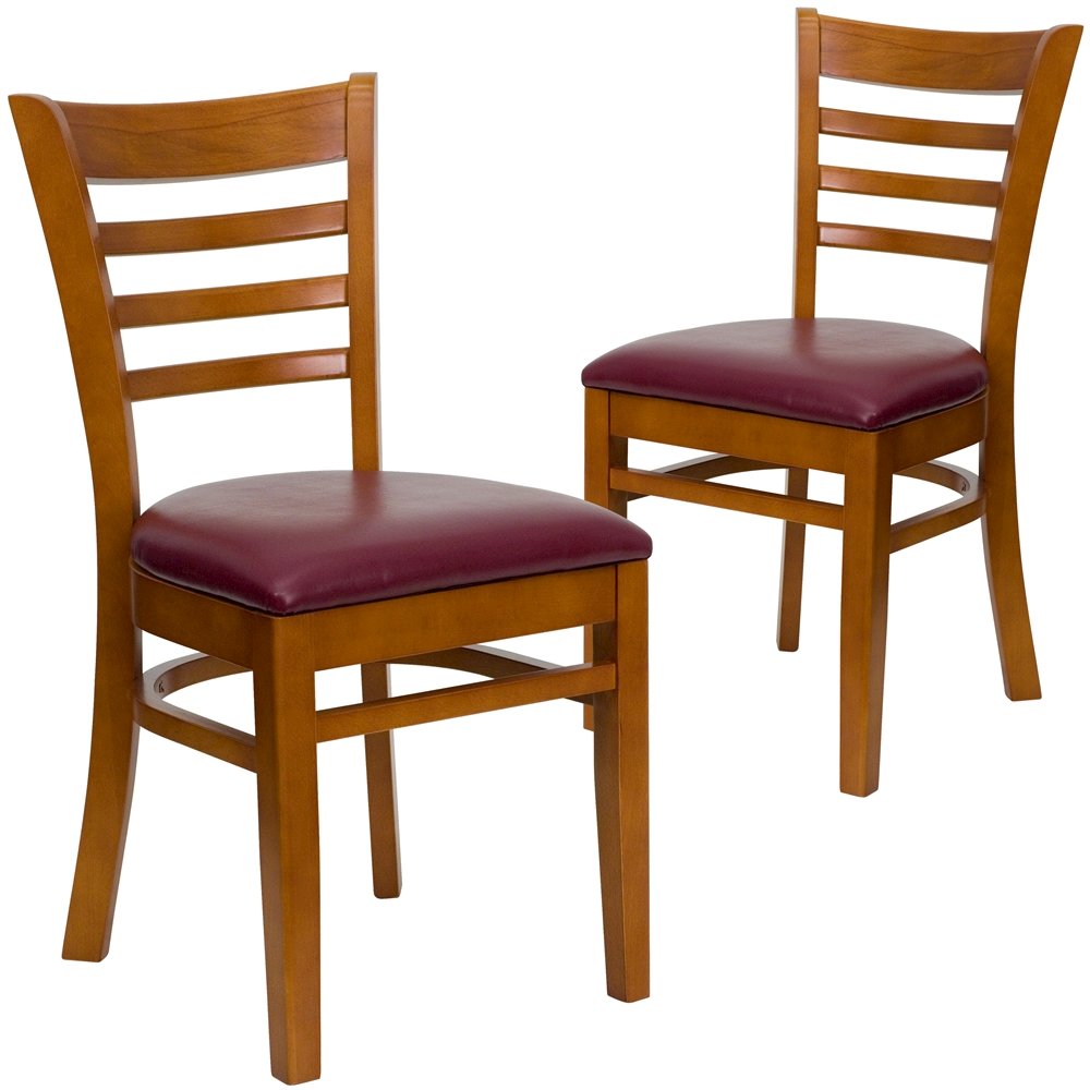 2 Pk. Cherry Finished Ladder Back Wooden Restaurant Chair - Burgundy Vinyl Seat