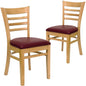 2 Pk. Natural Wood Finished Ladder Back Wooden Chair - Burgundy Vinyl Seat