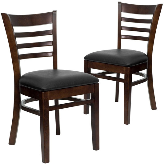 2 Pk. Walnut Finished Ladder Back Wooden Restaurant Chair - Black Vinyl Seat