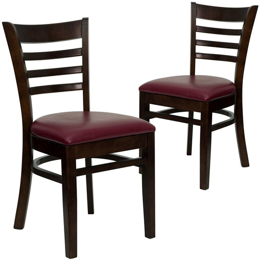2 Pk. Walnut Finished Ladder Back Wooden Restaurant Chair - Burgundy Vinyl Seat