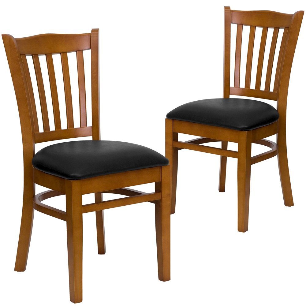 2 Pk. Cherry Finished Vertical Slat Back Wooden Chair - Black Vinyl Seat