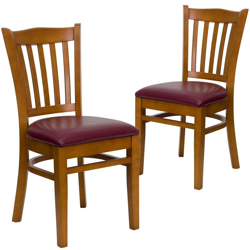 2 Pk. Cherry Finished Vertical Slat Back Wooden Chair - Burgundy Vinyl Seat