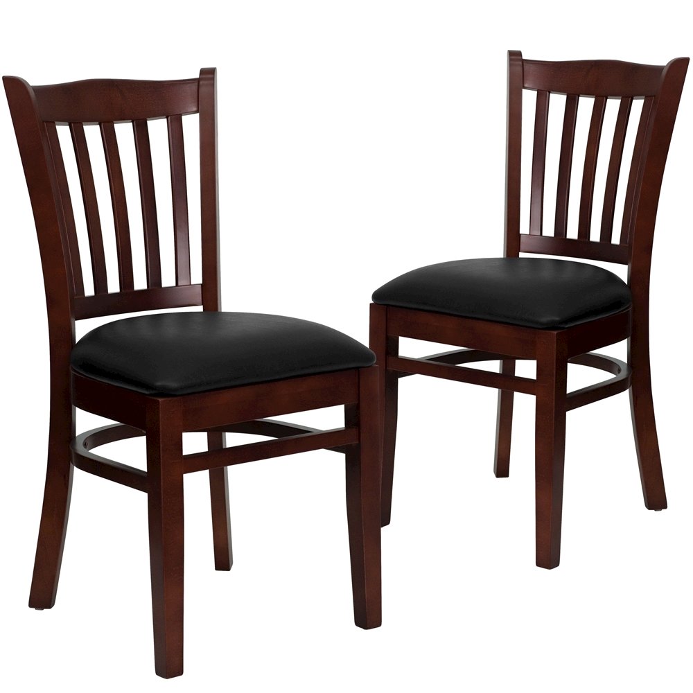 2 Pk. Mahogany Finished Vertical Slat Back Wooden Chair - Black Vinyl Seat