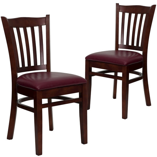 2 Pk. Mahogany Finished Vertical Slat Back Wooden Chair - Burgundy Vinyl Seat