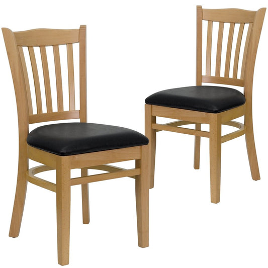 2 Pk. Natural Wood Finished Vertical Slat Back Wooden Chair - Black Vinyl Seat