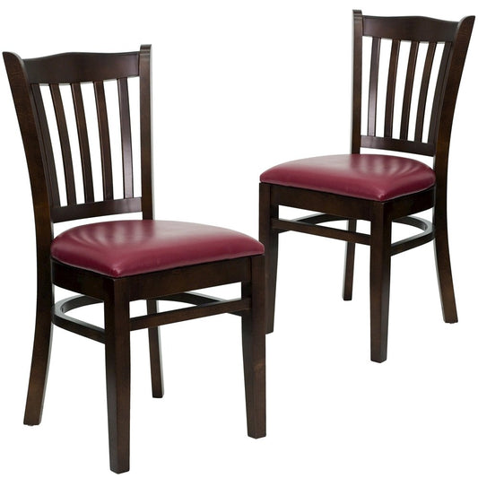 2 Pk. Walnut Finished Vertical Slat Back Wooden Chair - Burgundy Vinyl Seat