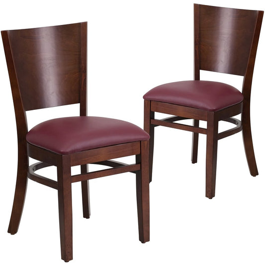 2 Pk. Lacey Series Solid Back Walnut Wooden Chair - Burgundy Vinyl Seat