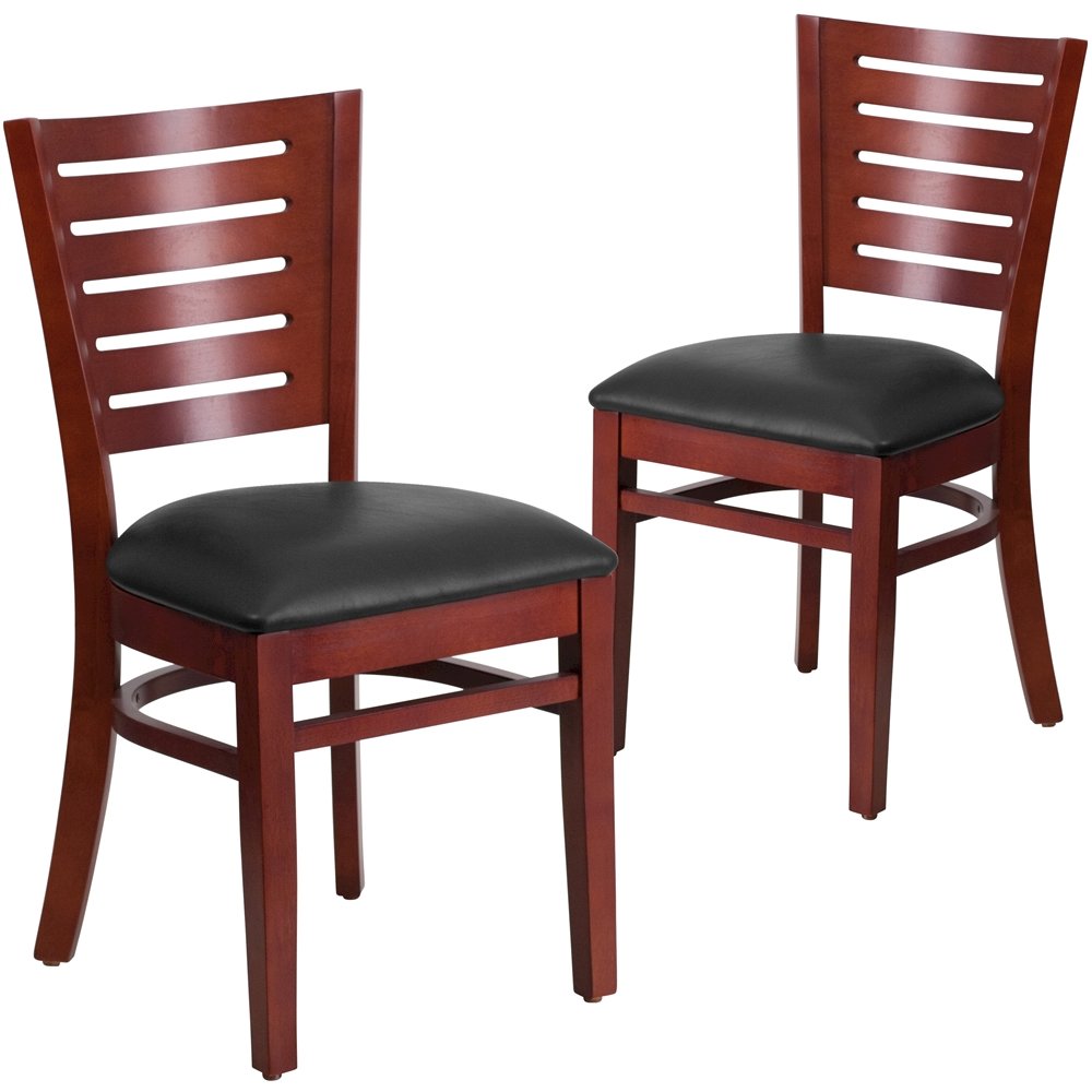 2 Pk. Darby Series Slat Back Mahogany Wooden Restaurant Chair - Black Vinyl Seat