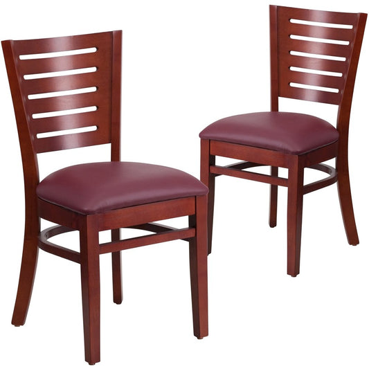 2 Pk. Darby Series Slat Back Mahogany Wooden Chair - Burgundy Vinyl Seat