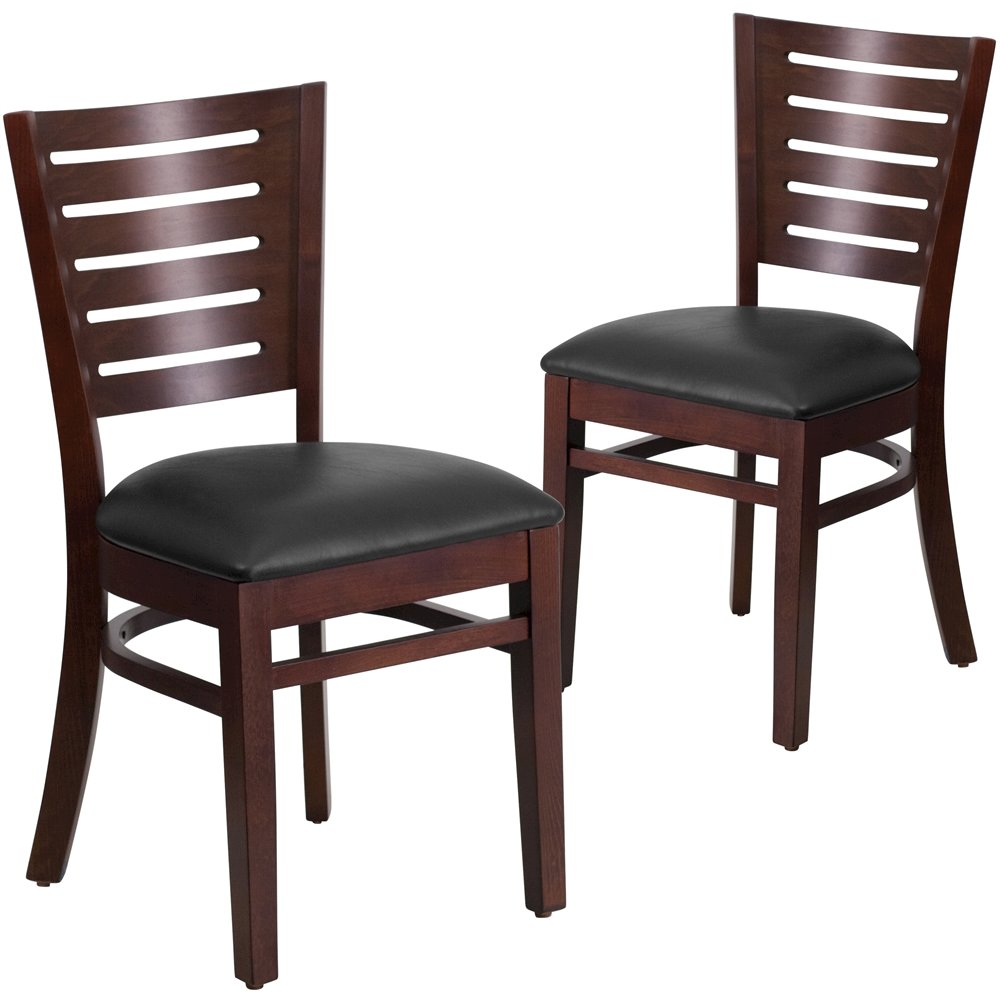 2 Pk. Darby Series Slat Back Walnut Wooden Restaurant Chair - Black Vinyl Seat