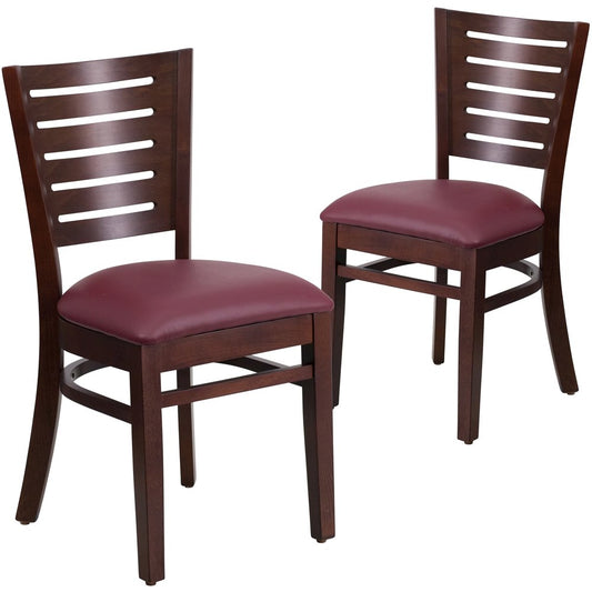 2 Pk. Darby Series Slat Back Walnut Wooden Chair - Burgundy Vinyl Seat