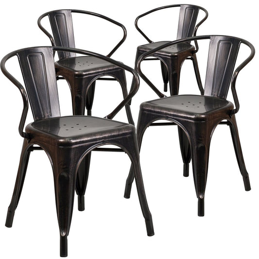 4 Pk. Black-Antique Gold Metal Indoor-Outdoor Chair with Arms