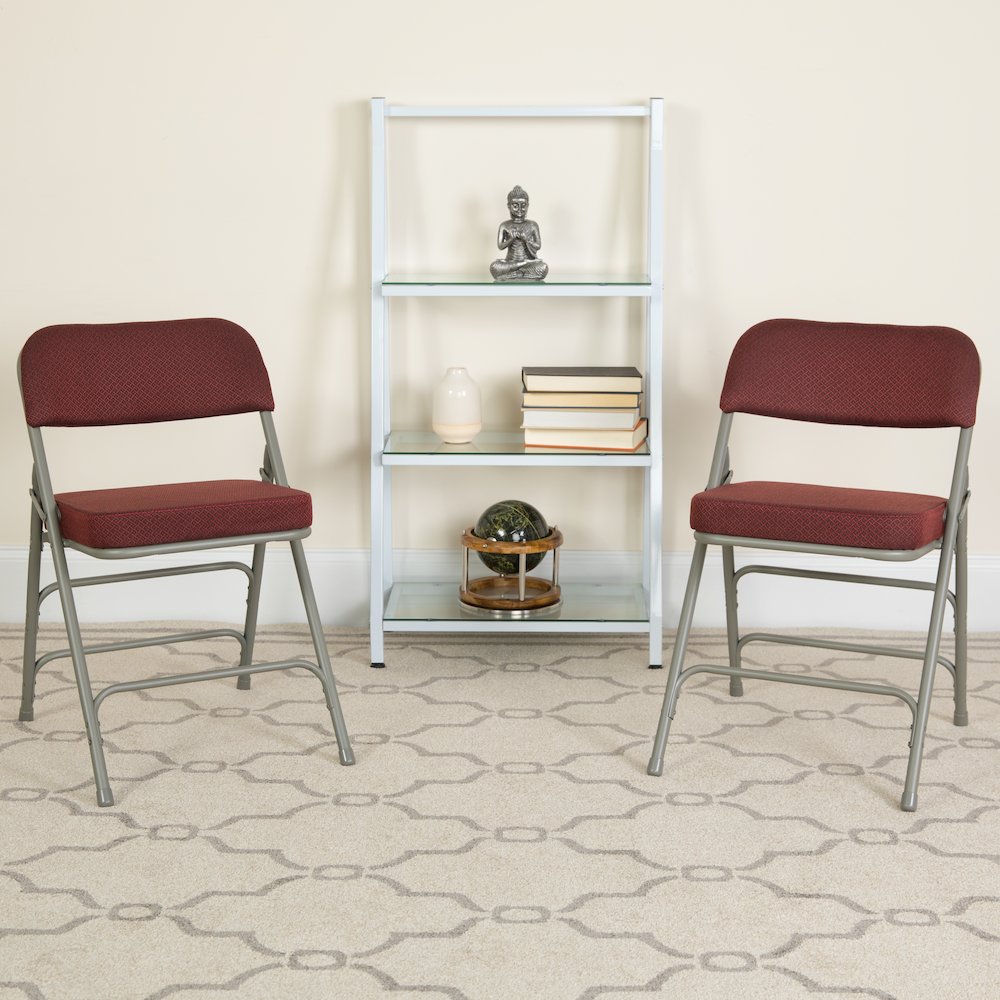2 Pack Curved Triple Braced & Double Hinged Burgundy Fabric Metal Folding Chair