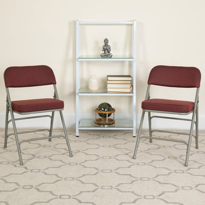 2 Pack Curved Triple Braced & Double Hinged Burgundy Fabric Metal Folding Chair