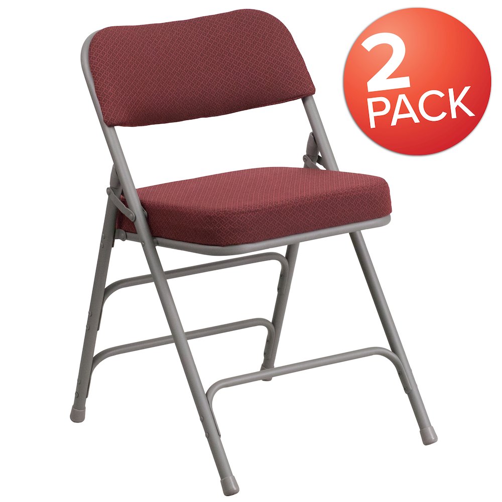 2 Pack Curved Triple Braced & Double Hinged Burgundy Fabric Metal Folding Chair