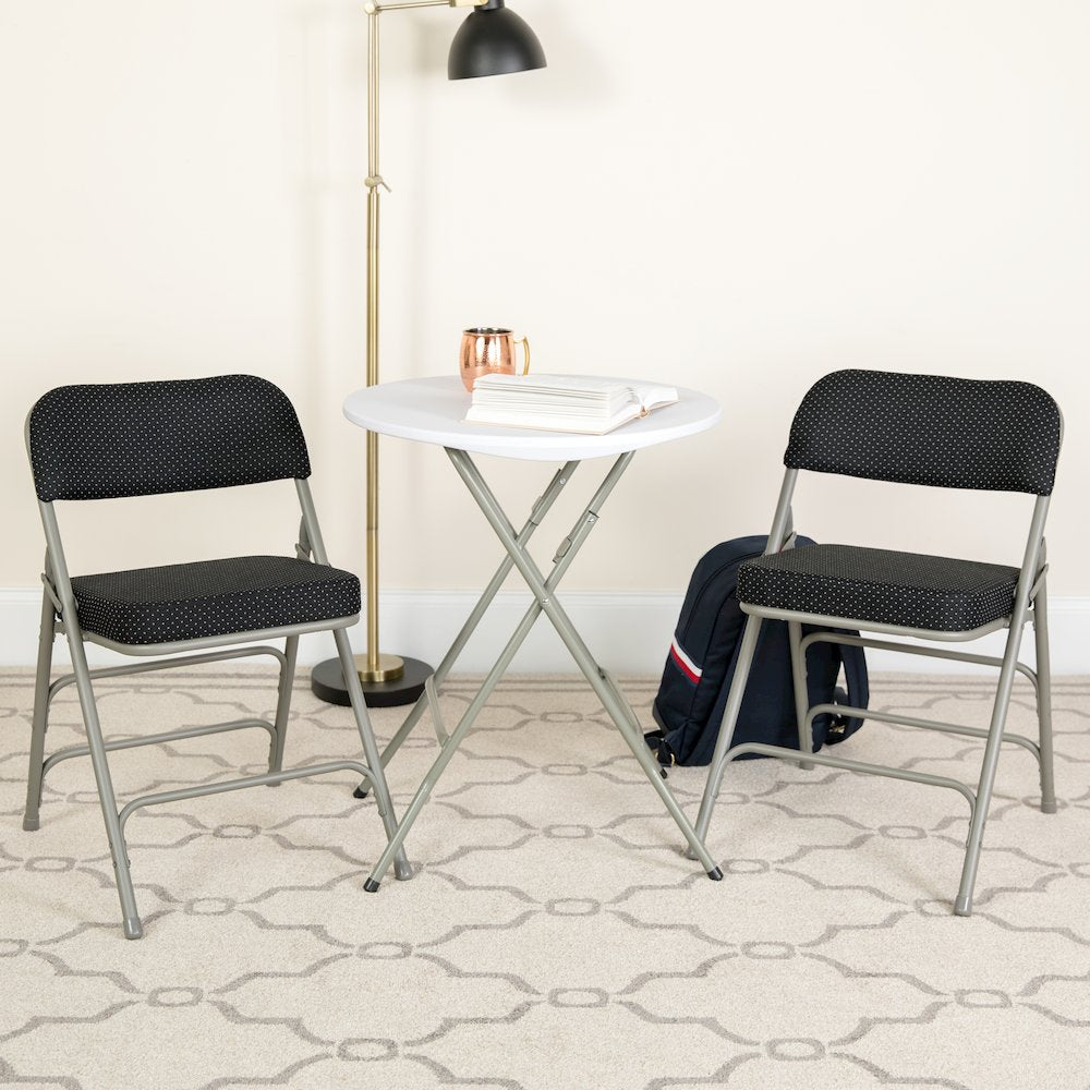 2 Pack Triple Braced & Double Hinged Black Pin-Dot Fabric Metal Folding Chair