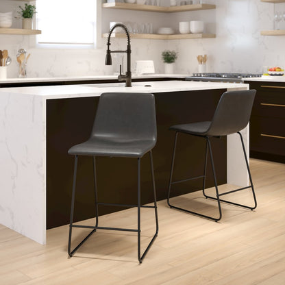 24 Inch LeatherSoft Counter Height Barstools in Dark Gray, Set of 2