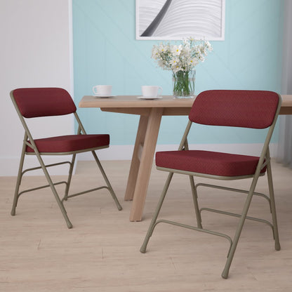 2 Pack Curved Triple Braced & Double Hinged Burgundy Fabric Metal Folding Chair