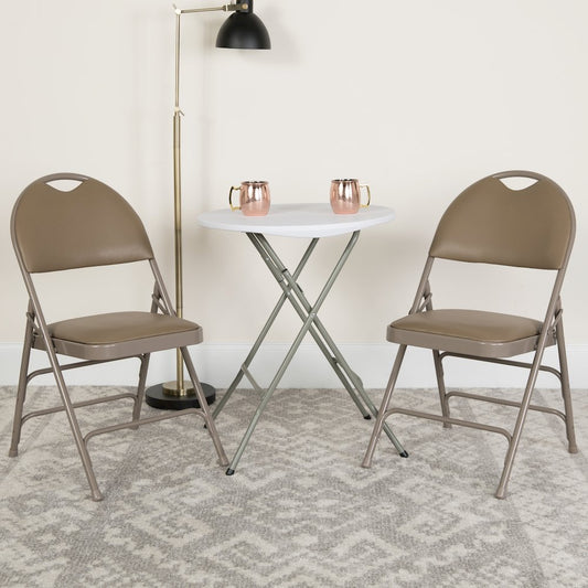 2 Pack HERCULES Series Ultra-Premium Triple Braced Beige Vinyl Metal Folding Chair with Easy-Carry Handle