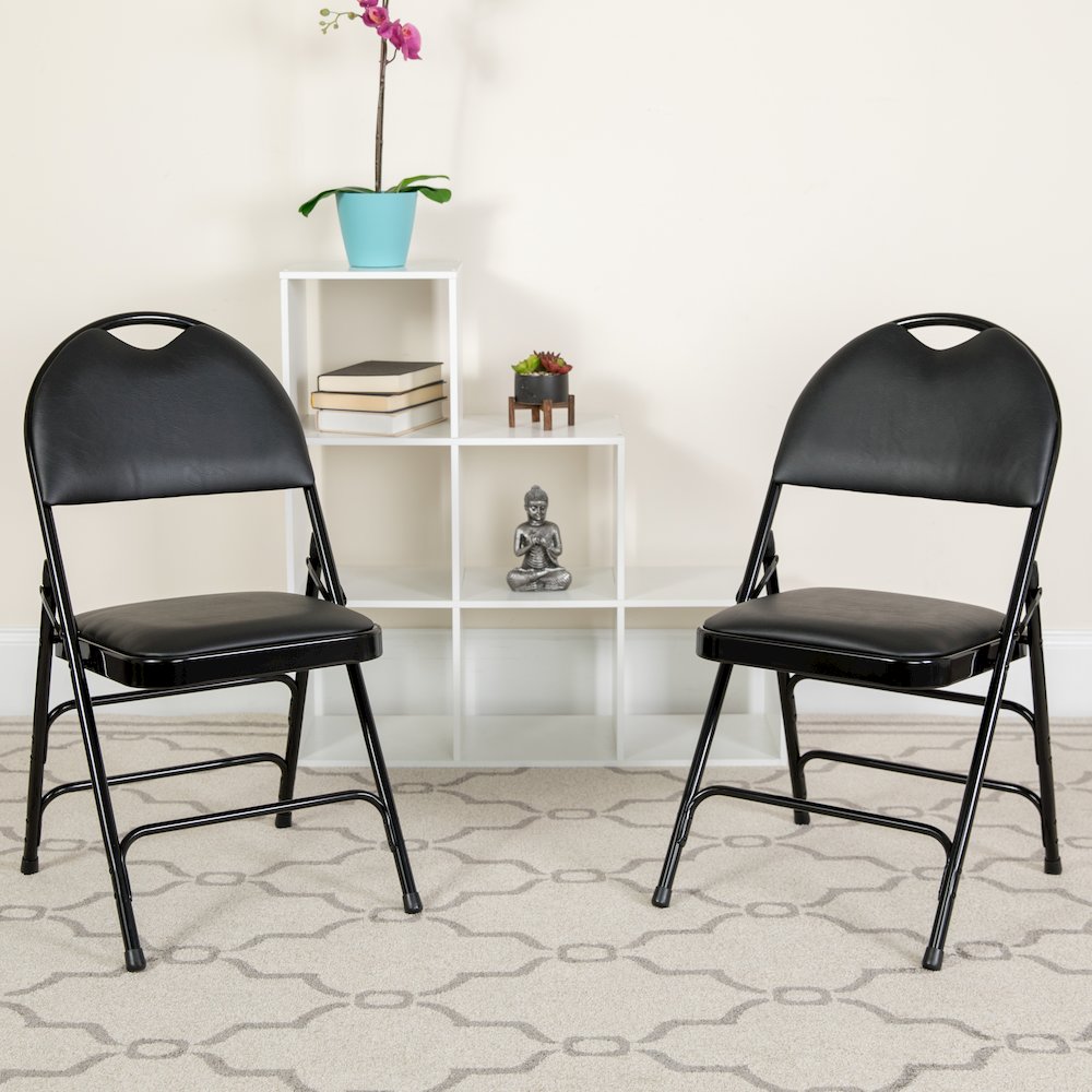2 Pack HERCULES Series Ultra-Premium Triple Braced Black Vinyl Metal Folding Chair with Easy-Carry Handle