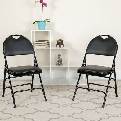 2 Pack HERCULES Series Ultra-Premium Triple Braced Black Vinyl Metal Folding Chair with Easy-Carry Handle