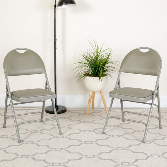 2 Pack HERCULES Series Ultra-Premium Triple Braced Gray Vinyl Metal Folding Chair with Easy-Carry Handle