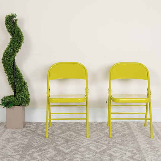 2 Pack HERCULES COLORBURST Series Twisted Citron Triple Braced & Double Hinged Metal Folding Chair