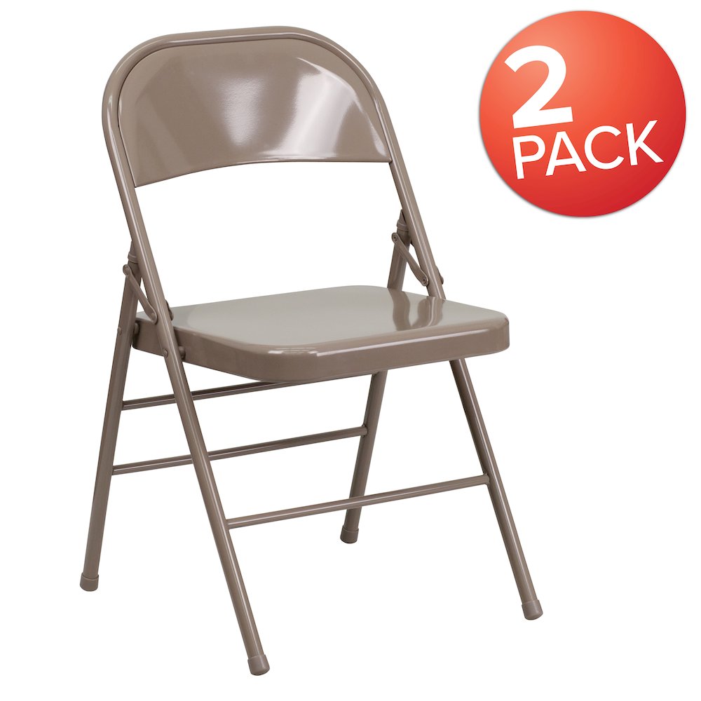 2 Pack HERCULES Series Triple Braced & Double Hinged Beige Metal Folding Chair