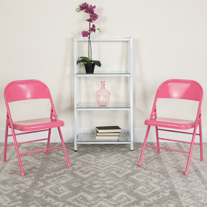 2 Pack Bubblegum Pink Triple Braced & Double Hinged Metal Folding Chair