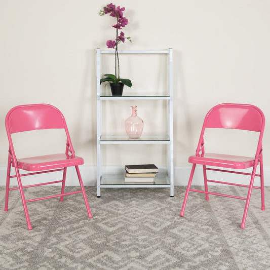 2 Pack Bubblegum Pink Triple Braced & Double Hinged Metal Folding Chair