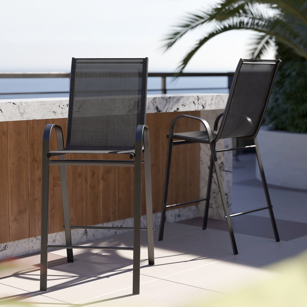 2 Pack Black Outdoor Barstool with Flex Comfort Material and Metal Frame