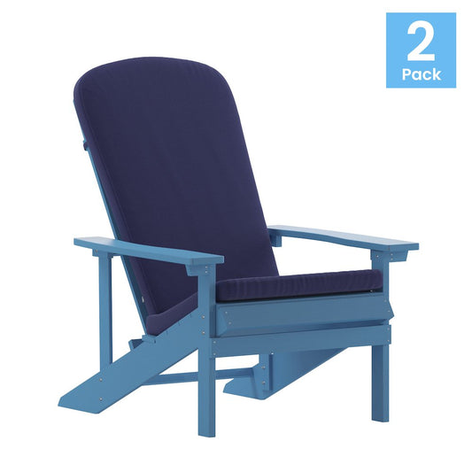 Set of 2 Adirondack Chairs in Blue with Blue Cushions for Deck, Porch, and Patio
